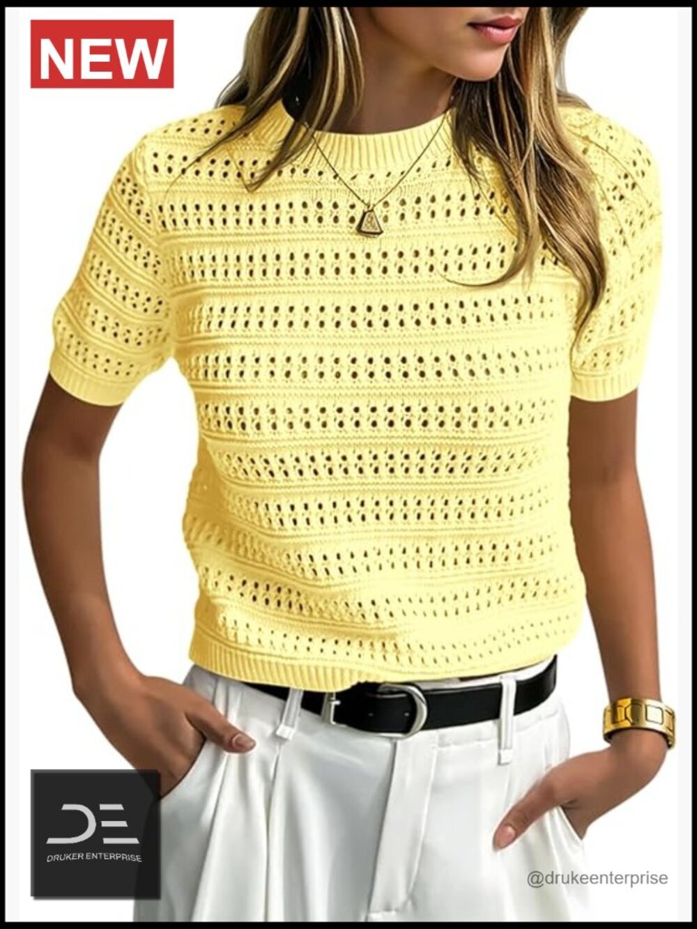 Short Sleeve Crochet Sweater Crew Neck Loose Boho Pullover Top